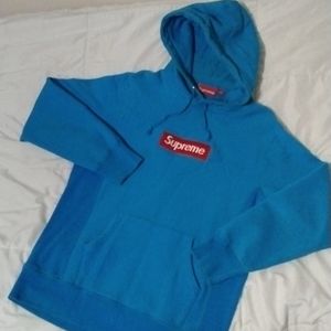 SUPREME medium BLUE hoodie w/ red box logo
